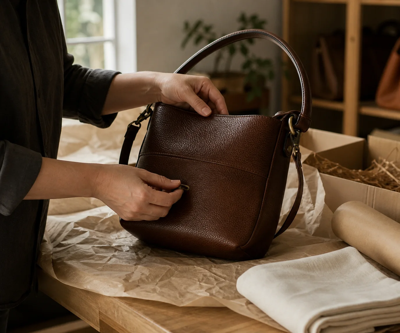 A bag being carefully inspected before packing