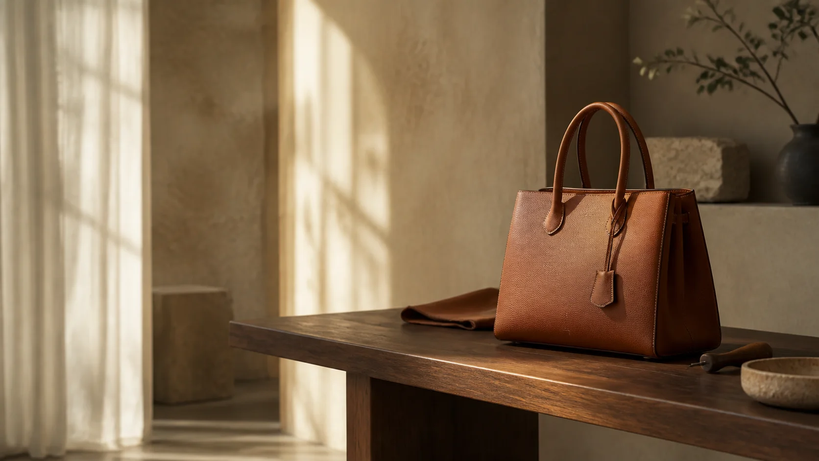 A tan top-handle tote photographed on a wooden table