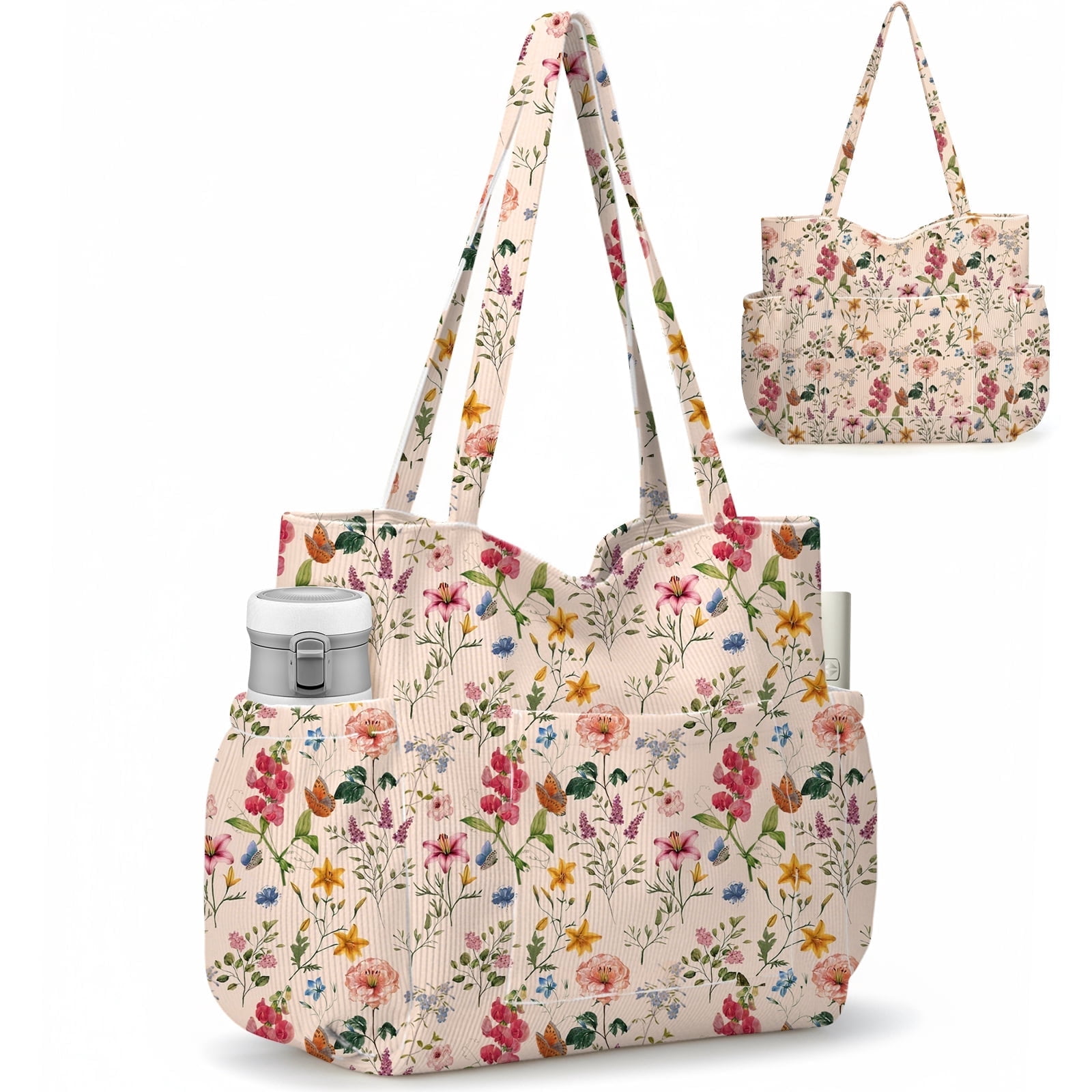 Multiple Pockets Corduroy Bag, Large Tote Bag for Women, Ladies Bag Casual Hobo Handbags(Retro Flower)