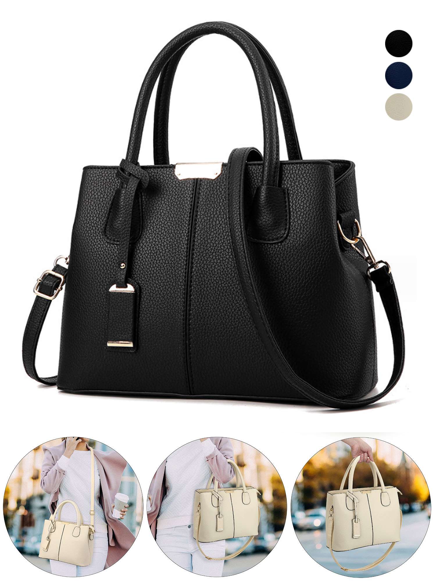 Women Satchel Handbags Top Handle Purse Medium Tote Bag Leather Crossbody Purses Shoulder Bag for Work Office Daily, Black