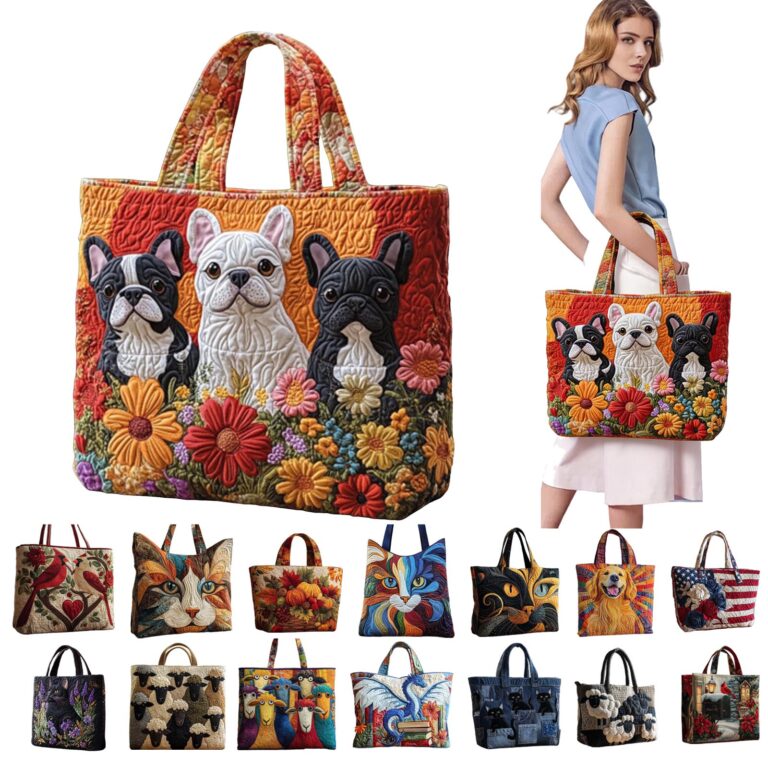 Quilted Tote Bags for Women Cute Dogs and Cats Pattern Shoulder Bag 2026 Ladies Fashion Medium Travel Shopping Handbag Orange