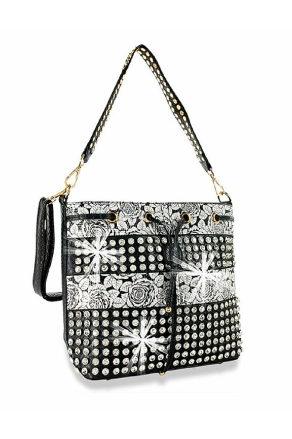 Womens Purse Flower Bling Messenger Bag Drawstring Rhinestone Crossbody Black or Silver