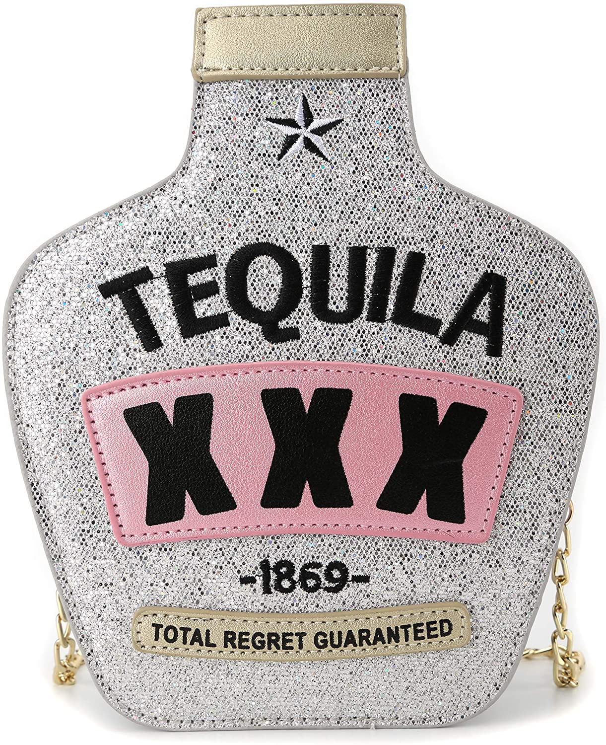 Tequila Bottle Shaped Laser Shoulder Handbags,Pu Crossbody Purse for women