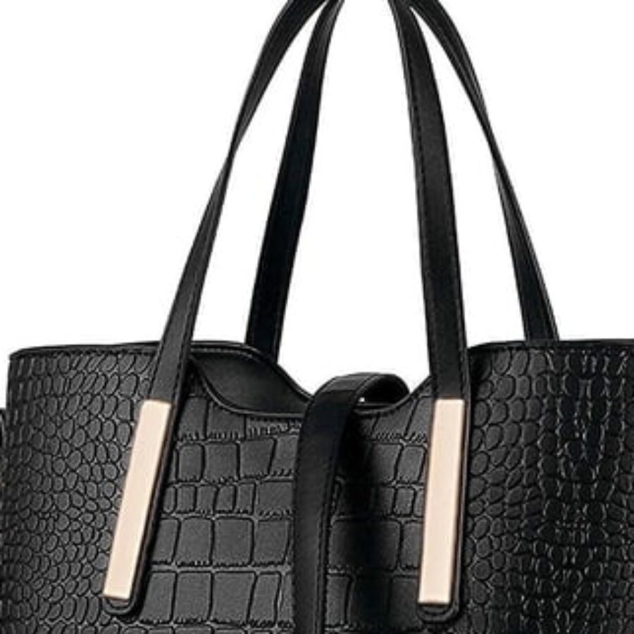 Black Croc Embossed Handbag and Wristlet Set - close detail view