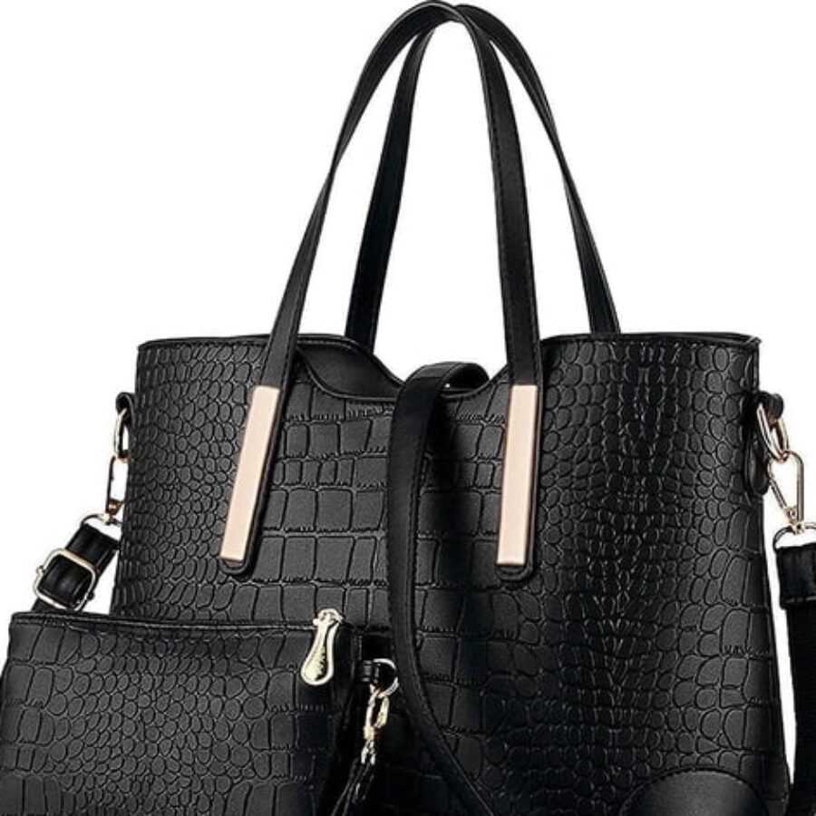 Black Croc Embossed Handbag and Wristlet Set - zoomed product view