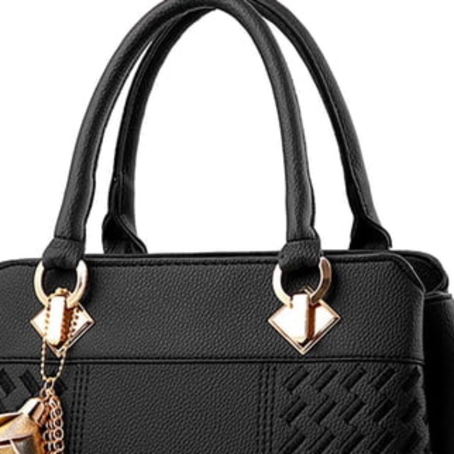 Black Woven Panel Satchel With Tassel Charm - close detail view