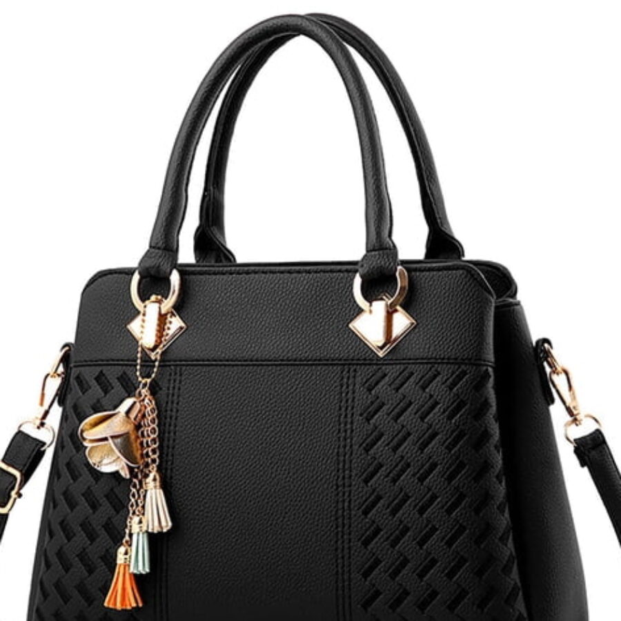 Black Woven Panel Satchel With Tassel Charm - zoomed product view