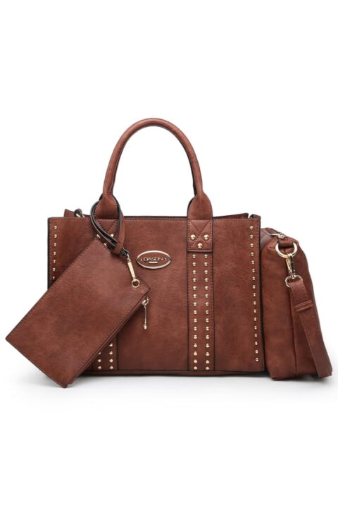 Brown Studded Satchel With Zip Wristlet