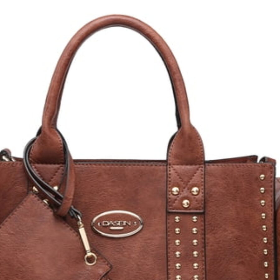 Brown Studded Satchel With Zip Wristlet - close detail view