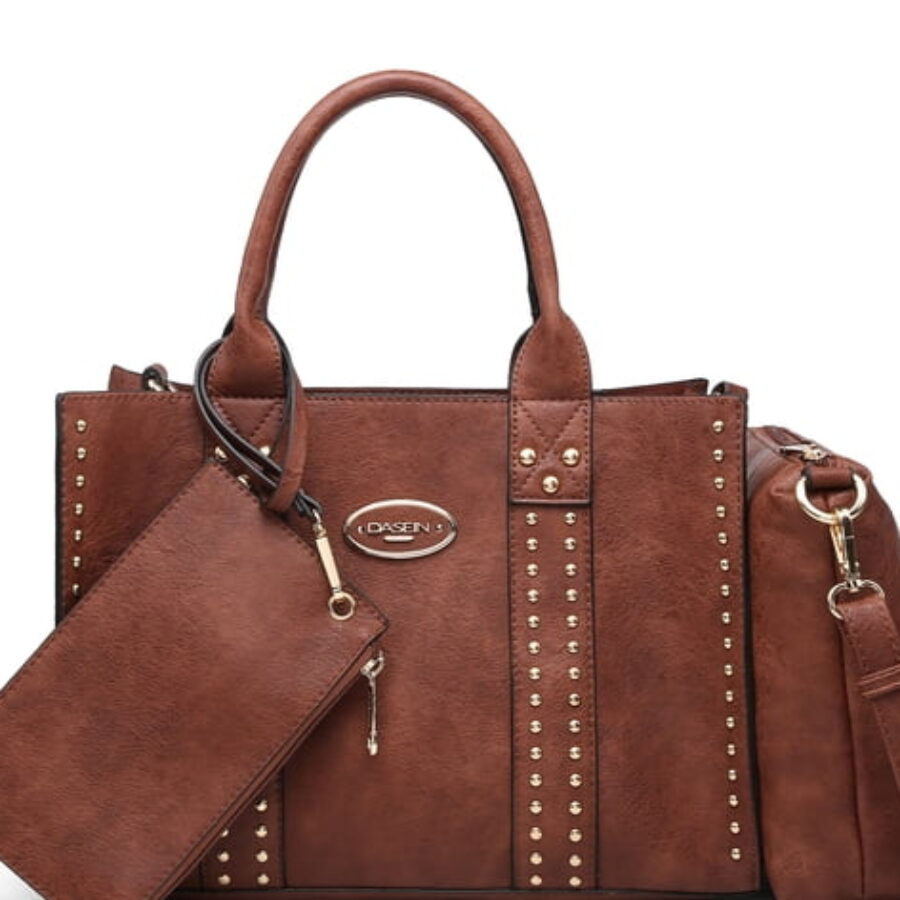 Satchel: structured, closes properly, holds its shape when set down. The Brown Studded Satchel With Zip Wristlet.