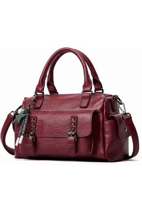 Burgundy Buckled Flap Boston Bag