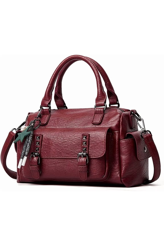 Burgundy Buckled Flap Boston Bag