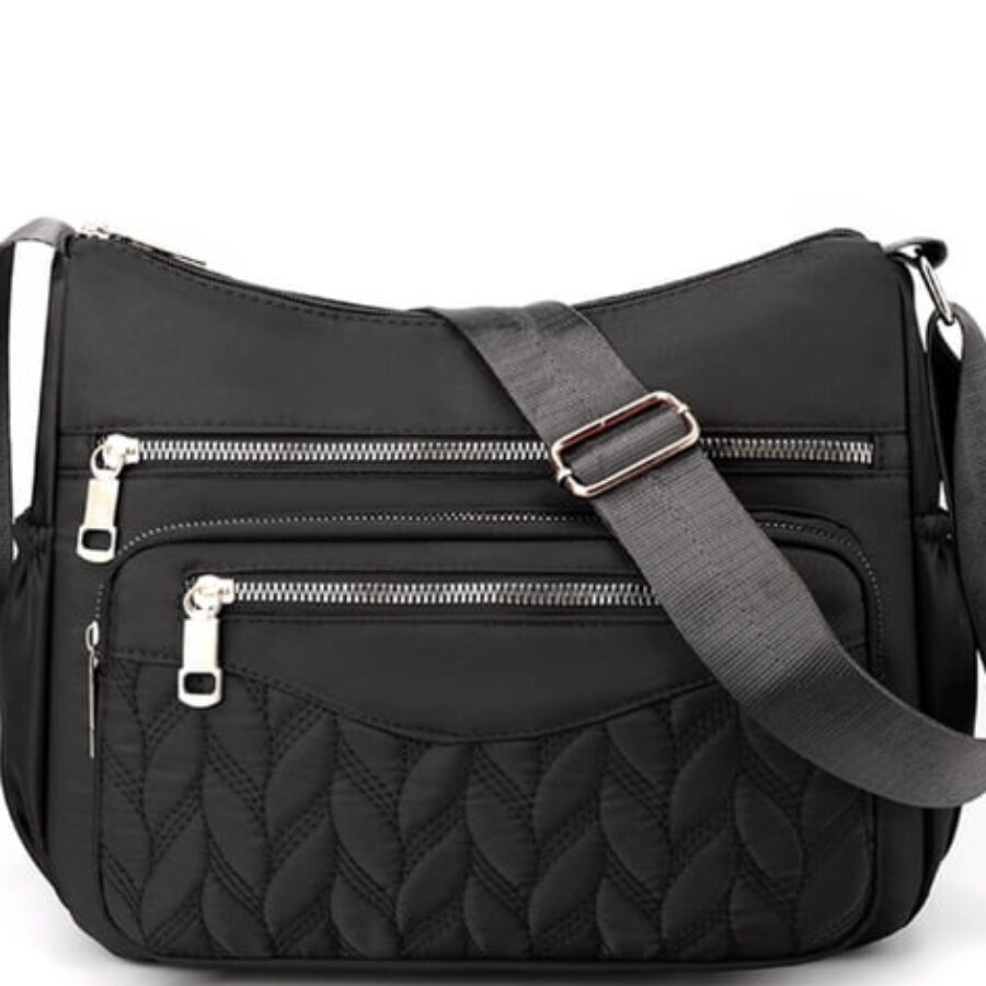 Cable-Quilted Black Nylon Crossbody. Nylon is not leather of any kind, and a listing that says nylon is telling you exactly what you get.