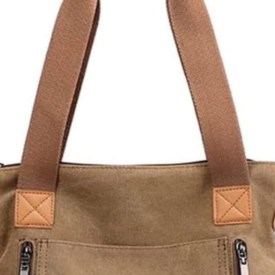 Khaki Canvas Shopper Tote With Strap - close detail view