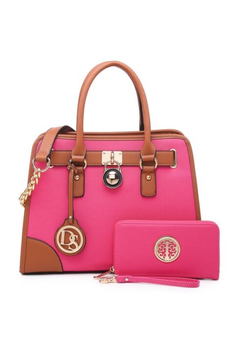 Pink Cross-Hatch Satchel With Padlock Charm