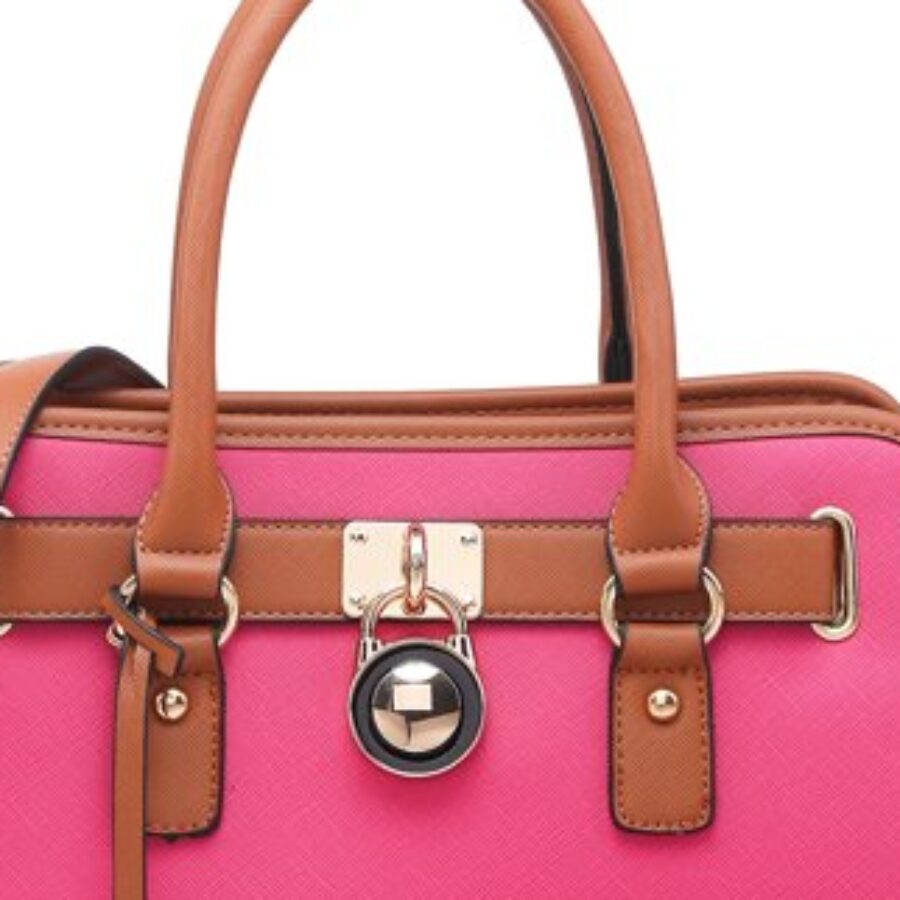 Pink Cross-Hatch Satchel With Padlock Charm - close detail view