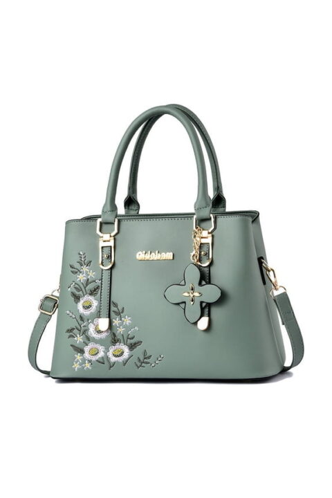 Sage Floral-Embroidered Winged Satchel