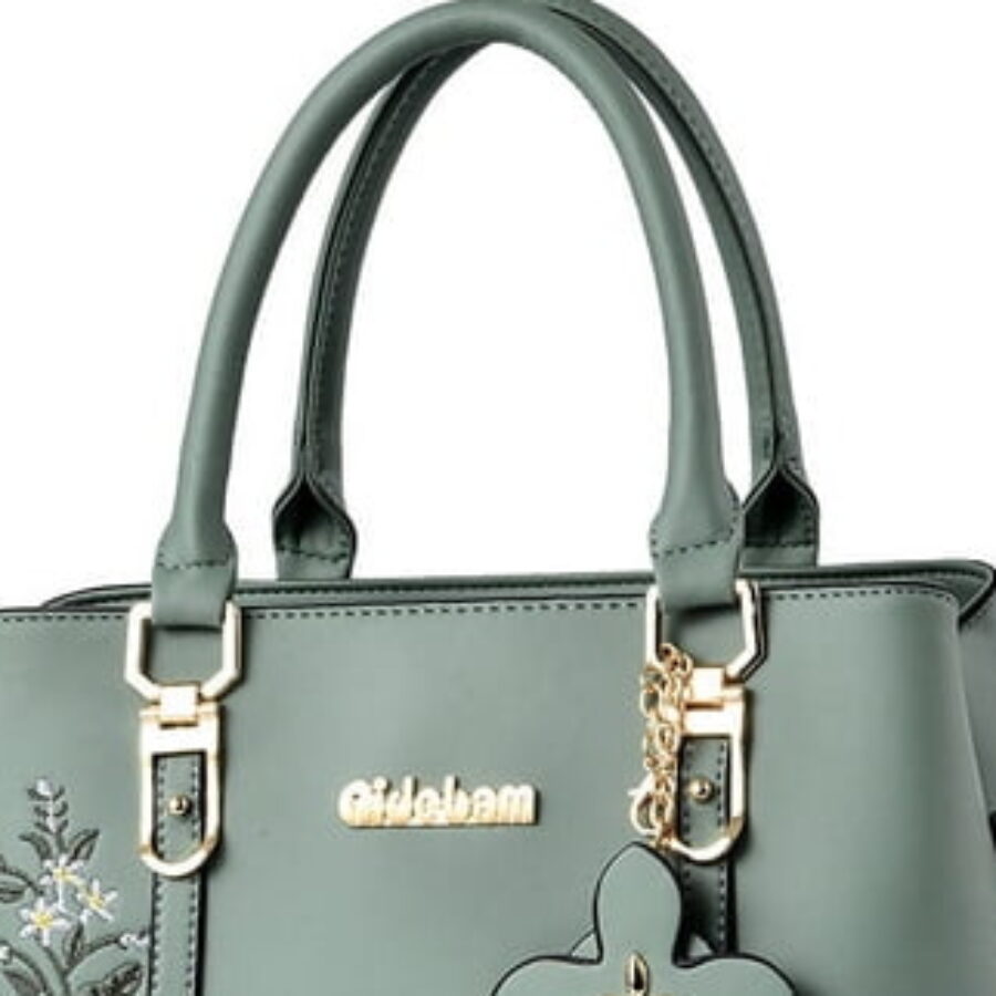 Sage Floral-Embroidered Winged Satchel - close detail view