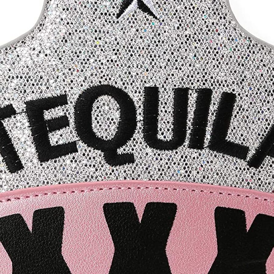 Silver Glitter Bottle-Shaped Novelty Crossbody - close detail view