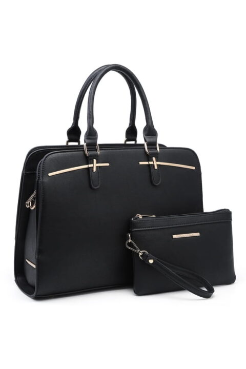 Squared Black Gold-Bar Satchel Set