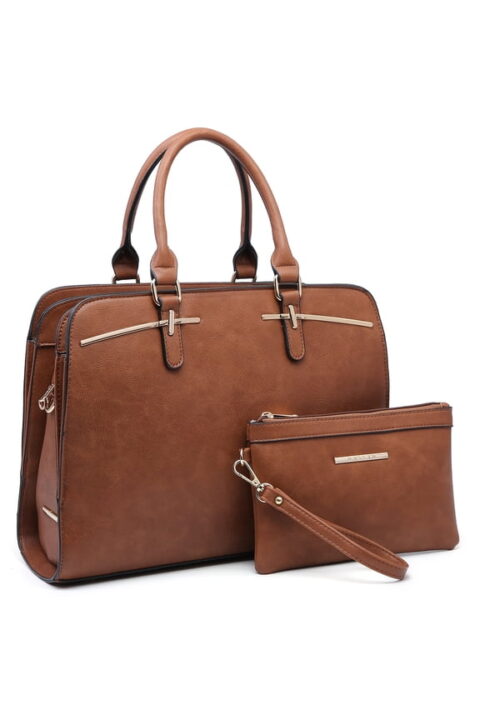 Structured Brown Work Satchel with Wristlet
