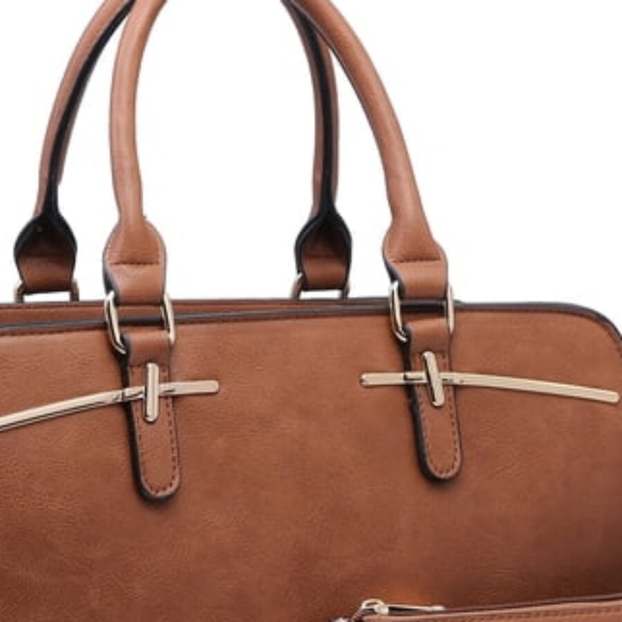 Structured Brown Work Satchel with Wristlet - close detail view