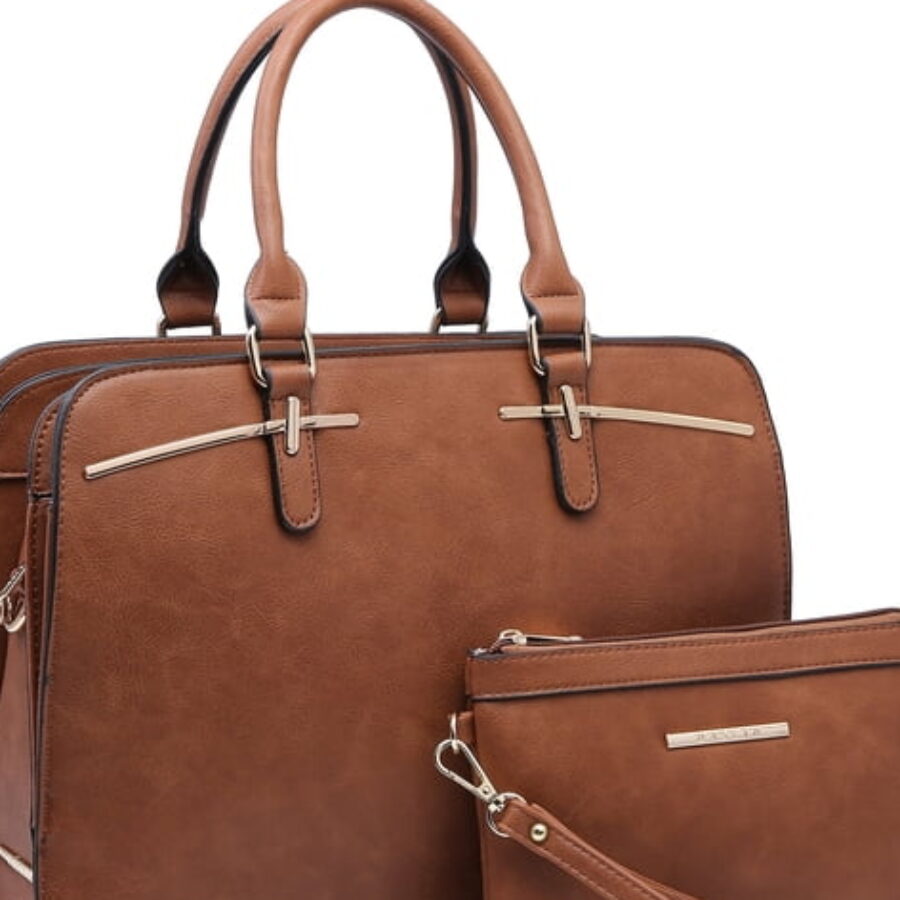 Structured Brown Work Satchel with Wristlet - zoomed product view