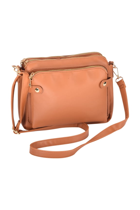 Tan Triple-Compartment Zip Crossbody