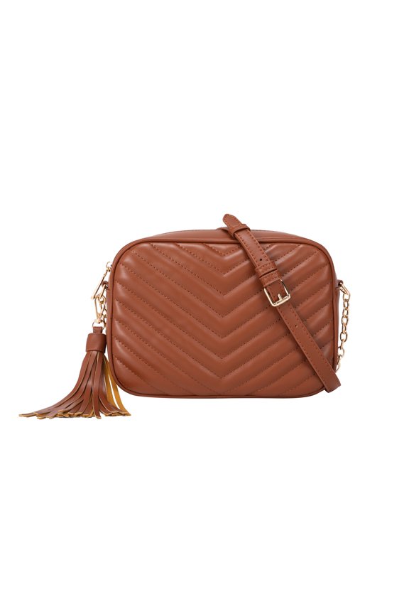 Quilted Cross body bag with tassle – PU Vegan Leather – Brown