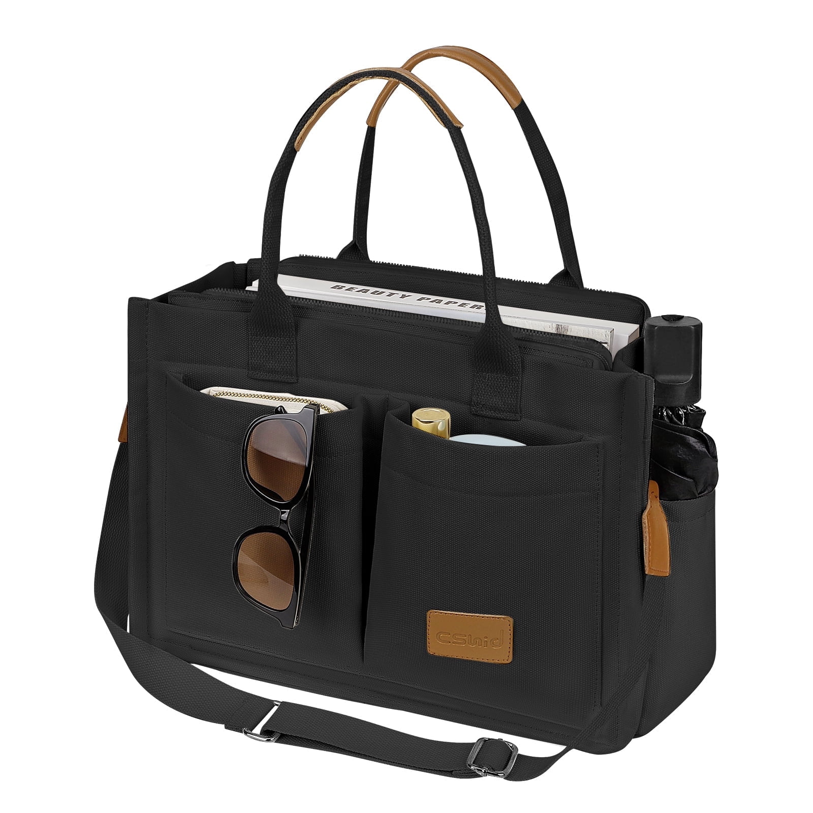 Canvas Tote Bag with Multi-Pocket for Women, Shoulder Handbag Everything Tote Bag with Compartments, Laptop Work Bags Shoulder Messenger Gym Bag for Travel Nurse College Gift, Black