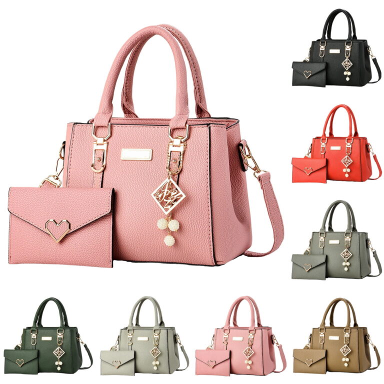 2pcs Women Handbags and Purses Fashion Pendant Shoulder Crossbody Bags Large Tote Satchel and Wallet Set Birthday Gifts for Ladies Black