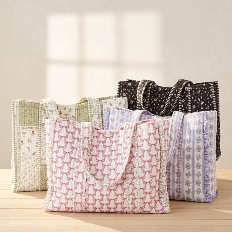 Large Quilted Tote Bag for Women, Aesthetic Floral & Gingham Shoulder Handbag with Ruffles, Soft Fabric Puffer Carryall for Work Travel & Daily Use