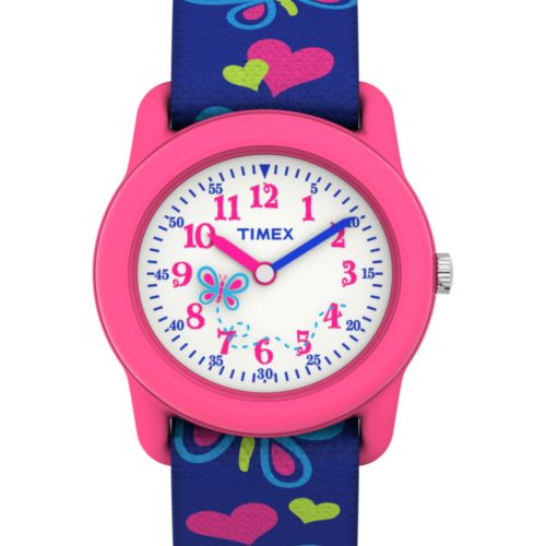TIMEX TIME MACHINES® 29mm Butterflies and Hearts Blue Elastic Fabric Kids Watch