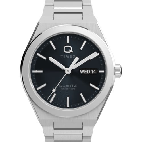 Q Timex® Continental Day and Date 39mm Stainless Steel Bracelet Watch