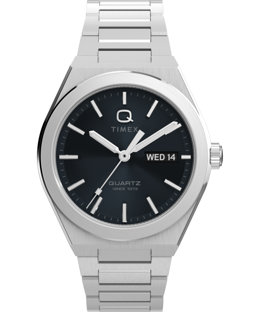Q Timex® Continental Day and Date 39mm Stainless Steel Bracelet Watch