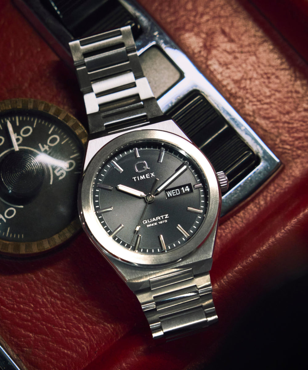 Q Timex® Continental Day and Date 39mm Stainless Steel Bracelet Watch