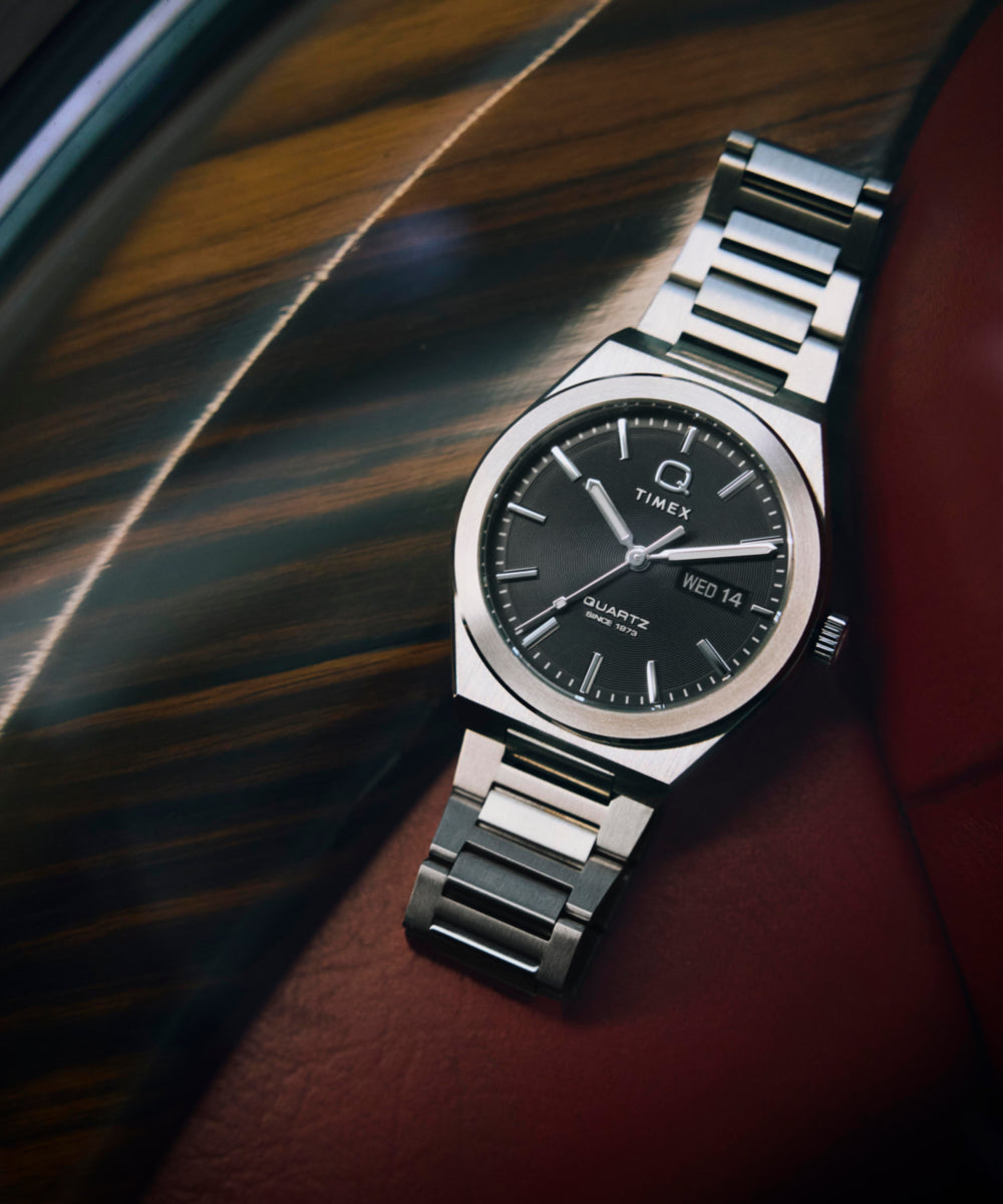 Q Timex® Continental Day and Date 39mm Stainless Steel Bracelet Watch