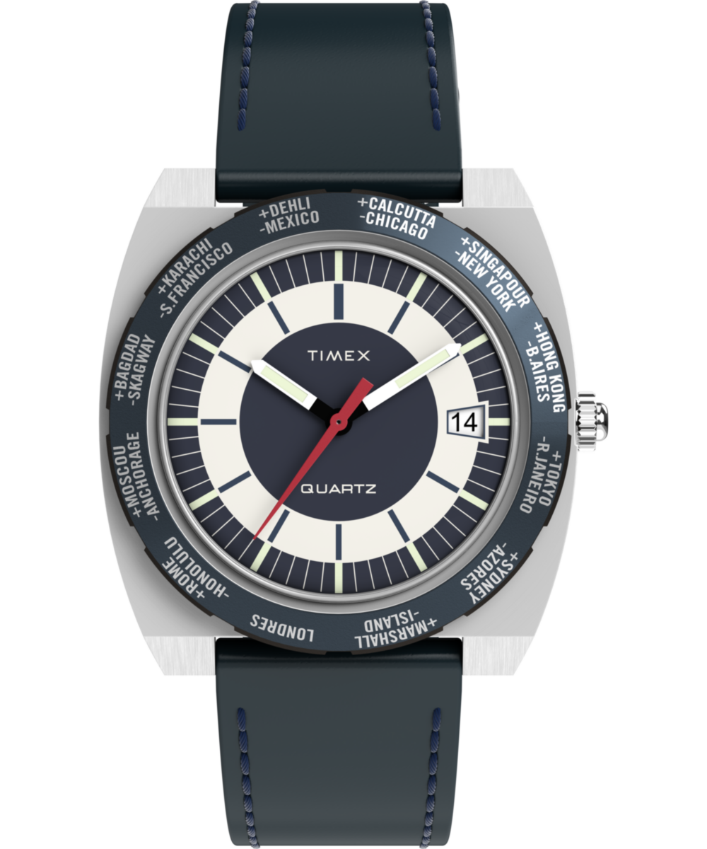 Q Timex® 1972 World Time 39mm Leather Strap Watch