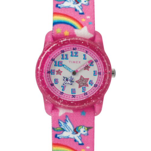 TIMEX TIME MACHINES® 29mm Rainbow Unicorn Pink Elastic Fabric Kids Watch